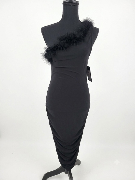 bebe Dresses & Skirts - bebe Black One-Shoulder Feather-Trim Midi Dress